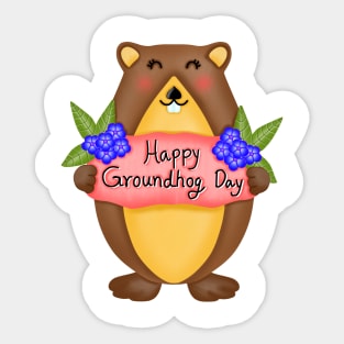 Cute groundhog with happy groundhog day. Sticker